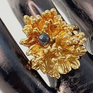Gold Tone Brutalist Ring With Tiny Single Black Olive Stone Adjustable
